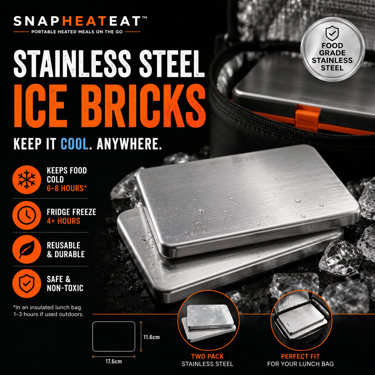 Stainless Steel Ice Bricks features infographic - SnapHeatEat