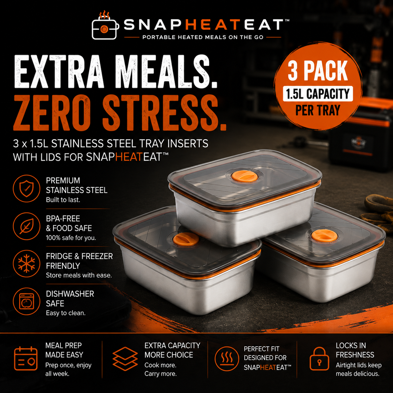 SnapHeatEat™ 1.5L Tray Insert & Lid - 3 Pack