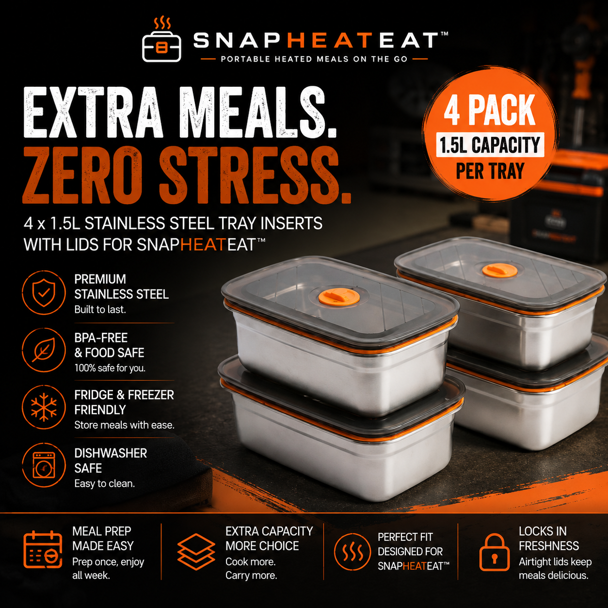 SnapHeatEat™ 1.5L Tray Insert & Lid - 4 Pack