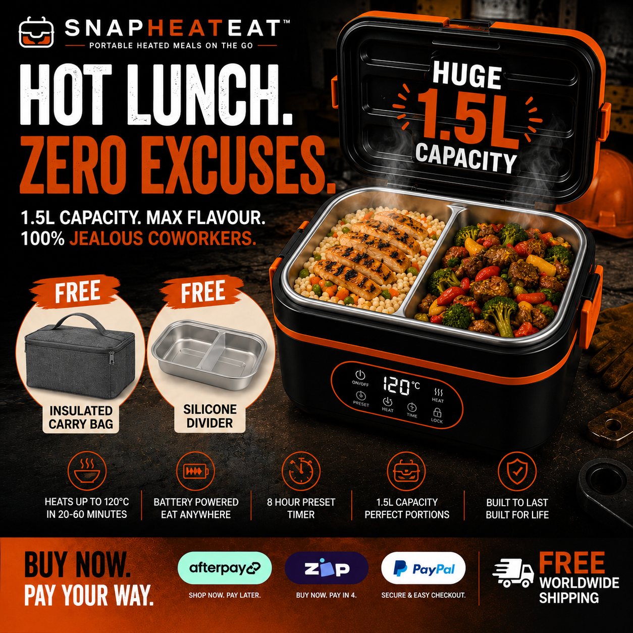 SnapHeatEat™ Huge 1.5 Electric Lunch Box with Divider