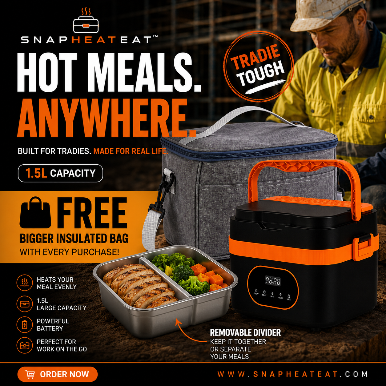 SnapHeatEat™ Huge 1.5 Electric Lunch Box with Divider