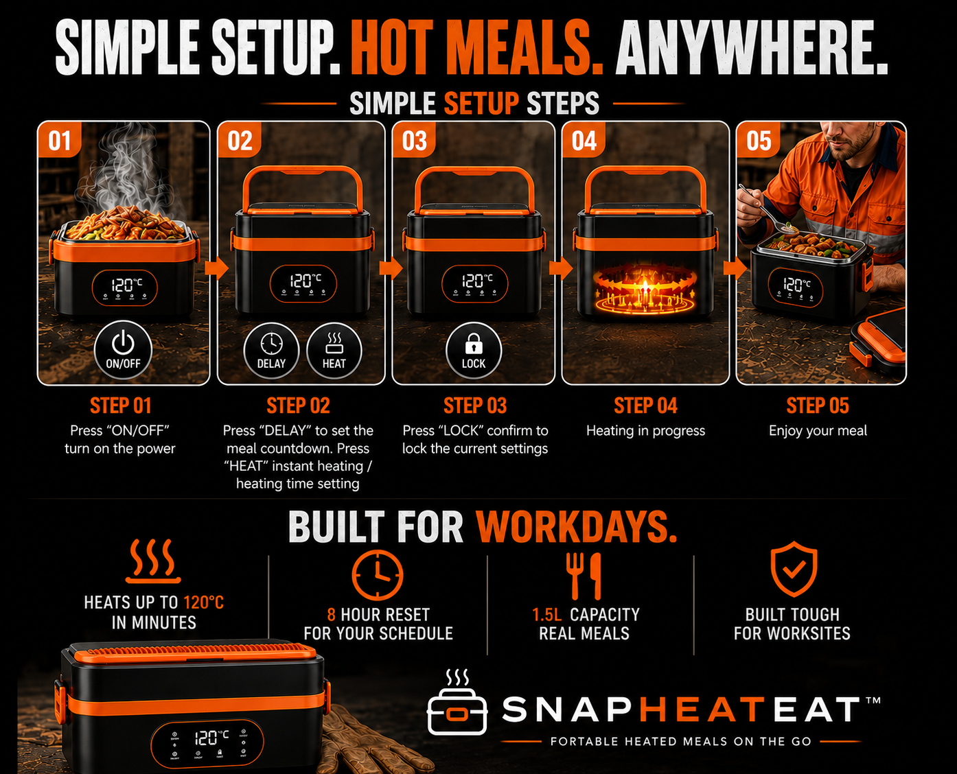SnapHeatEat™ Huge 1.5 Electric Lunch Box with Divider